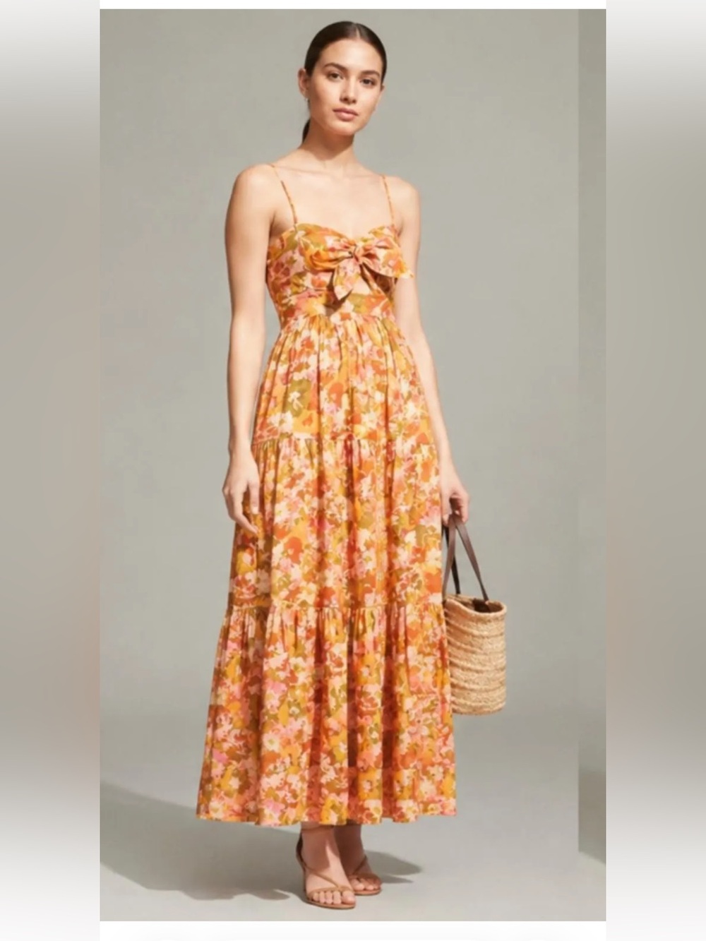 House of Harlow 1960 linen blend Floral Tie-Front Maxi Dress in Orange